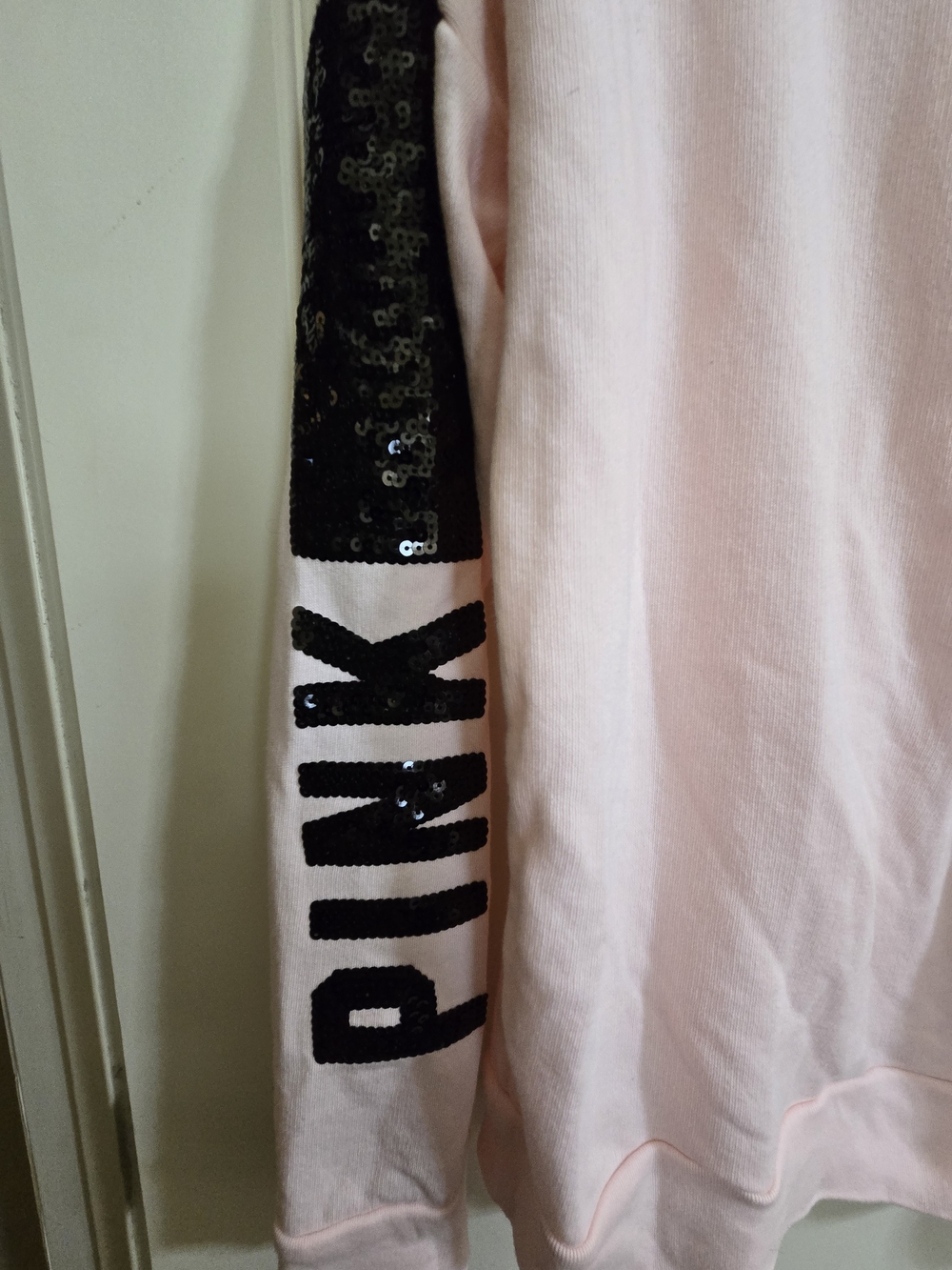 PINK Victoria's Secret Pullover Hoodie - Light Pink Sequin Sleeve Women's Top - Picture 3 of 11